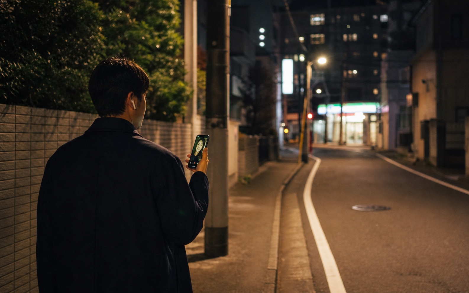 夜道でスマートフォンの通話をつなぎながら帰る様子